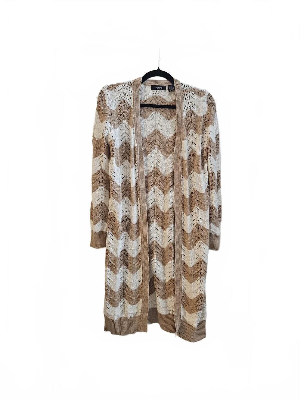 VERVE Chevron Open Front Pointelle-Knit Chevon Cardigan Sweater-Women's Size Med